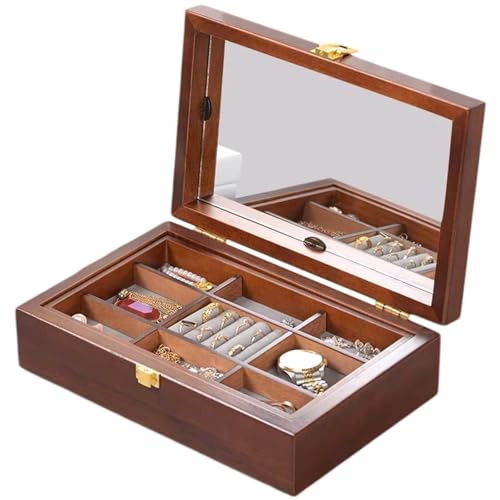 HBALDTEDC Jewellery Box Organiser Storage, Schmuckschatulle aus Holz mit Spiegel, 2-lagig, stapelbares Tablett, Aufbewahrungskoffer, Innenausstattung aus Massivholz und Samt von HBALDTEDC