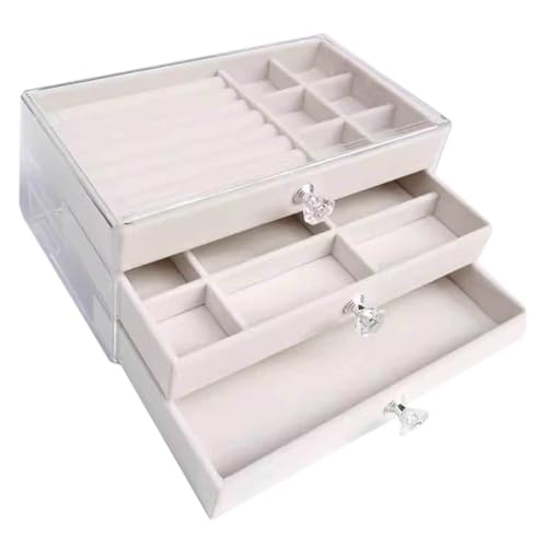HBALDTEDC Jewellery Box Organiser Storage, Schmuckschatulle aus durchsichtigem Kunststoff mit 3 Schubladen und Samtfutter, tragbare Aufbewahrung for Ringe und Ohrringe von HBALDTEDC
