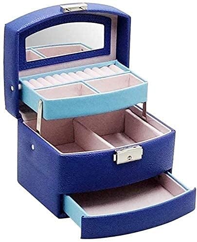 HBALDTEDC Jewellery Box Organiser Storage, Tragbare Schmuckschatulle mit verspiegeltem Deckel, Schlüssel, PU-Leder, Holzrahmen for Schmuck und Uhren, Mehrfarbig(Blue) von HBALDTEDC