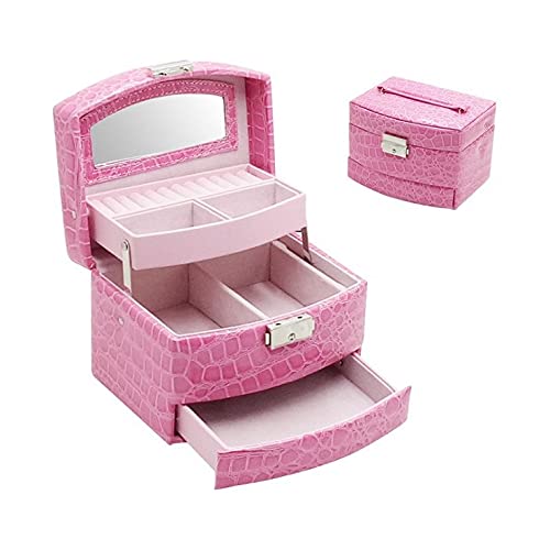 HBALDTEDC Jewellery Box Organiser Storage, Tragbare Schmuckschatulle mit verspiegeltem Deckel, Schlüssel, PU-Leder, Holzrahmen for Schmuck und Uhren, Mehrfarbig(Pink) von HBALDTEDC