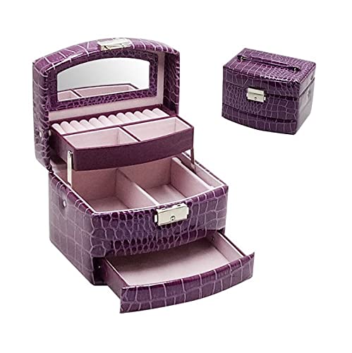 HBALDTEDC Jewellery Box Organiser Storage, Tragbare Schmuckschatulle mit verspiegeltem Deckel, Schlüssel, PU-Leder, Holzrahmen for Schmuck und Uhren, Mehrfarbig(Purple) von HBALDTEDC
