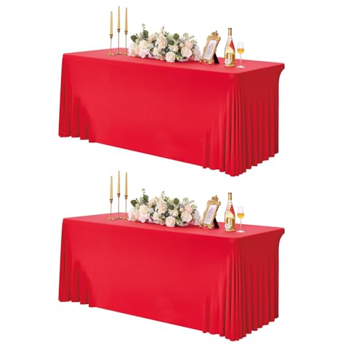 HBBMAGIC 2 Stücke Rot Spandex Rechteckig Tischdecke für 1.8m Rechteck Tische Dehnbare 3-Wege Rot Tischdecke für Vendor Display Birhtday Party Hochzeitsempfang von HBBMAGIC