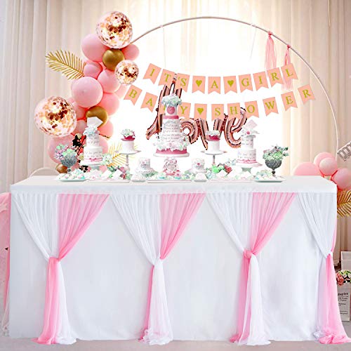 HBBMAGIC DIY Tüll Tischrock Weiß+Rosa, 275cm×76cm Party Dekoration Tüll Tischröcke für Hochzeit Geburtstag Taufe Babyparty Bankett von HBBMAGIC
