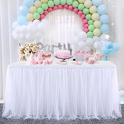 HBBMAGIC Tüll Tischrock Tischdecke Tütü Tischröcke Party Deko Für Hochzeit, Geburtstag, Candy Bar, Weihnachten(275 * 76CM, Weiß, Ohne Led) von HBBMAGIC