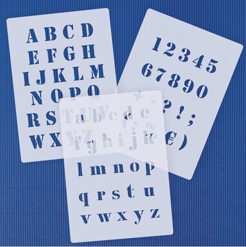 3 teiliges Schablonen Set Nr.5 | Alphabet Druckbuchstaben groß 2cm, passende kleine Buchstaben und Zahlen | für Scrapbooking DIY | Stencil | Malerschablone von HBM-Schablonenshop