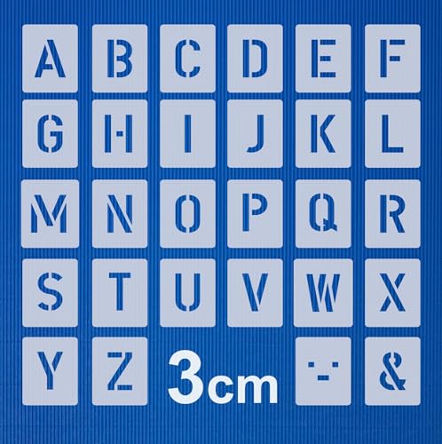Schablone Buchstaben groß 3cm / 1 Satz Alphabet A-Z - 26 + 4 Sonderzeichen. Nr.0035 von HBM-Schablonenshop