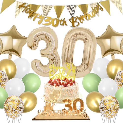 30 Geburtstag Deko Mann Frau, Luftballon 30 Geburtstag Grün Gold mit 30 Holz Schild Gästebuch LED, 30 Happy Birthday Banner Wimpelkette, Folienballon Zahl 30, für 30 Geburtstag Party Dekoration von HBSFBH