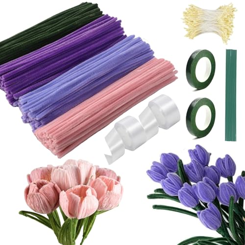 HBSTK 400 Stück Pfeifenreiniger Basteln Set für DIY Blumenstrauß – Rosa, Hellviolett, Dunkelviolett – Mit Blumendraht, Schleifenband, Geschenkband & Blumenstaubblatt – Blumenband für Dekoration HBSTK 400 Stück Pfeifenreiniger Basteln Set für DIY Blumenstrauß – Rosa, Hellviolett, Dunkelviolett – Mit Blumendraht, Schleifenband, Geschenkband & Blumenstaubblatt – Blumenband für Dekoration von HBSTK