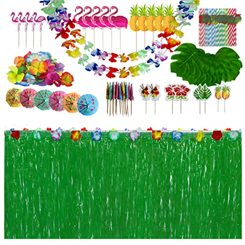 156-teiliges hawaiianisches tropisches Party-Dekorationsset, hawaiianischer Gras-Tischrock, Hawaii-Girlande, Palmblätter, farbige Regenschirme, 3D-Obst-Strohhalme, Strand, Sommerparty (grün) von HBell