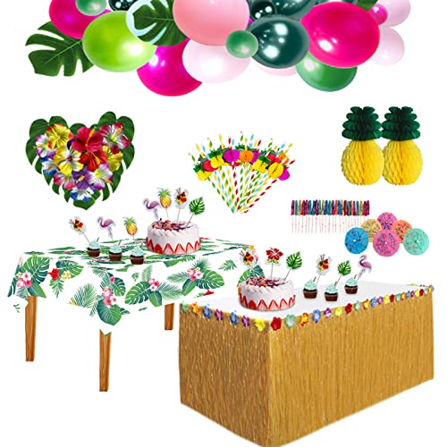 HBell 129 Piece Hawaiian Tropical Party Decoration Set with Luau Table Skirt, Hawaiian Flowers Decorate Balloons, 3D Paper Straws, Beach, Summer Party von HBell