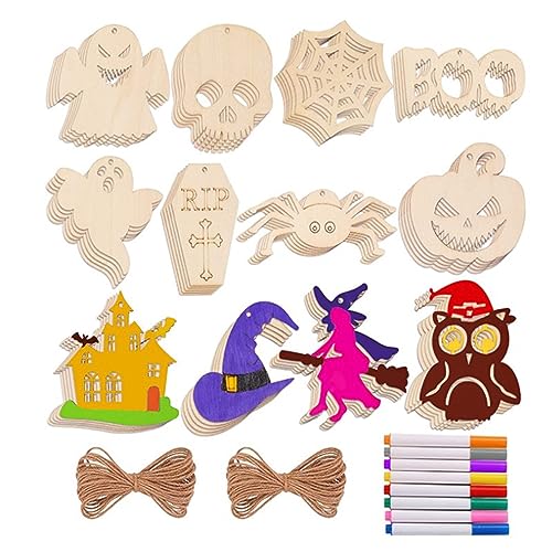 HBell 24PCS Halloween Wooden Ornaments, Unfinished Wood Cutouts Kit Wooden Slices Hanging Crafts with Twine Watercolor Pen for Kids DIY Halloween Decoration Supplies von HBell