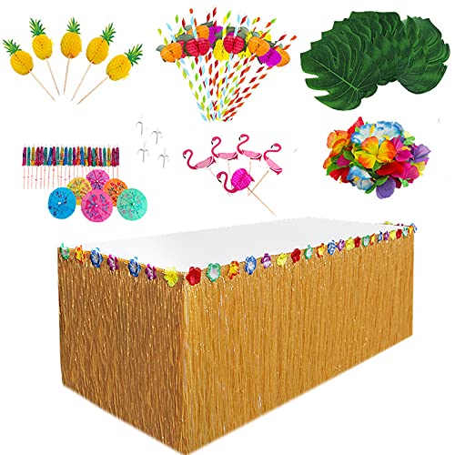 HBell 77-teiliges Hawaii-Gras-Tischrock-Set für tropische Party-Dekoration, Palmblätter, hawaiianische Blumengirlande, bunte Regenschirme, Papier-Ananas, 3D-Obst-Strohhalme, Garten, Grillen HBell 77-teiliges Hawaii-Gras-Tischrock-Set für tropische Party-Dekoration, Palmblätter, hawaiianische Blumengirlande, bunte Regenschirme, Papier-Ananas, 3D-Obst-Strohhalme, Garten, Grillen von HBell