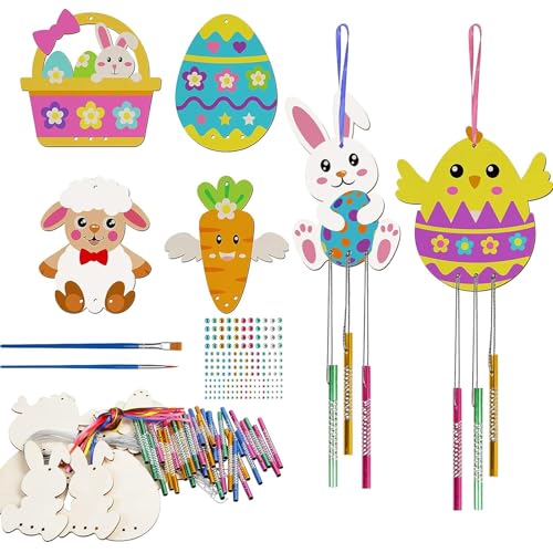 HBell Easter Wooden Wind Chime Kits,Easter Wooden Ornaments Wood Crafts DIY Windchimes Set for Kids Easter Party Supplies Kids Painting Arts Crafts Spring Home Garden Decor (Rabbit&Chick) von HBell