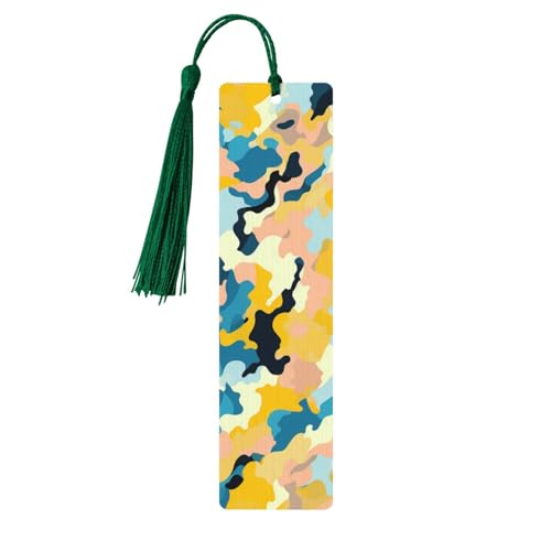 Lesezeichen in leuchtenden Farben und gelben Camouflage-Muster, Holz-Lesezeichen für Buchliebhaber, handgefertigtes Holz-Lesezeichen mit Quaste, Lesezeichen, Ornament, Geschenkanhänger, Etiketten für von HCBPWVQA