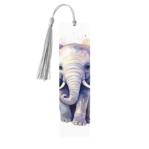 Niedliches Elefanten-Aquarell-Lesezeichen für Buchliebhaber, handgefertigtes Holz-Lesezeichen mit Quaste, Lesezeichen, Ornament, Geschenkanhänger, Etiketten für Basteldekorationen von HCBPWVQA