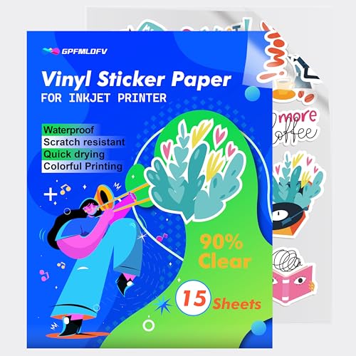 Bedruckbares Vinyl für Tintenstrahldrucker A4 [85% transparent] – 15 Blatt, transparentes und wasserabweisendes Aufkleberpapier für Cricut, selbstklebende Aufkleber, DIY-Aufkleber, Produktetiketten von GPFMLDFV