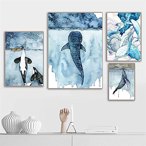 Aquarell Delphin Hai Leinwand Wand Bilder Blaue Meerestiere Poster Set Kunstdruckt Wohnzimmer Bilder Wand Bilder Dekor Abstrakte Wandmalerei Rahmenlos von HCHKMMI