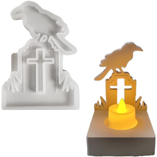 Silikonform Halloween Kerzenhalter, Silikonformen Gießformen Halloween, Silikon Gießform Kerzenhalter Einsatz und Sockel Kombiniert, Gipsformen zum Gießen (Einsatz - Grabstein und Krähe) von HCHZSH123