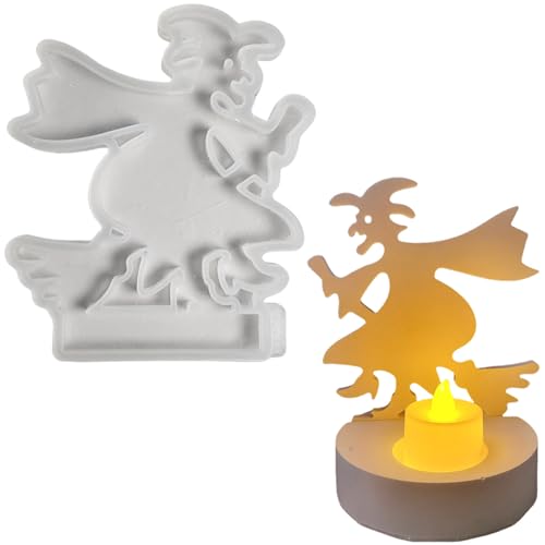 Silikonform Halloween Kerzenhalter, Silikonformen Gießformen Halloween, Silikon Gießform Kerzenhalter Einsatz und Sockel Kombiniert, Gipsformen zum Gießen (Einsatz - Hexe auf Besenstiel) von HCHZSH123
