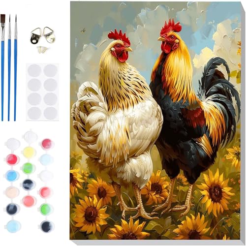 Malen Nach Zahlen Erwachsene Huhn Malen Nach Zahlen Sonnenblume Paint by Numbers DIY Ölgemälde Set mit 3 Pinseln und Acrylfarbe Basteln Erwachsene für Zimmer Wanddeko, Geschenke 20x30cm -hcj2504Z7 von HCJUTFOU