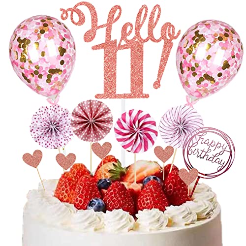 HCRXVV 11.Tortendeko Geburtstag Mädchen Rosa 11 Happy Birthday Tortendeko Cake Topper mit Papierfächer für 11th Geburtstag Party Kuchen Deko Rosa(12Stück) von HCRXVV