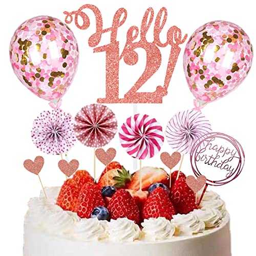 HCRXVV 12.Tortendeko Geburtstag Mädchen Rosa 12 Happy Birthday Tortendeko Cake Topper mit Papierfächer für 12th Geburtstag Party Kuchen Deko Rosa(12Stück) von HCRXVV