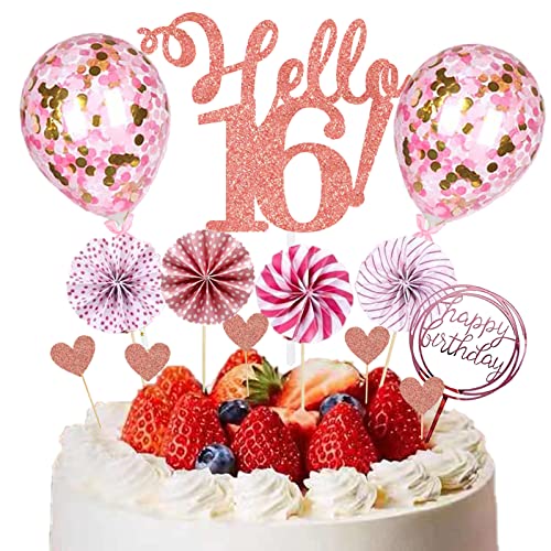 HCRXVV 16.Tortendeko Geburtstag Mädchen Rosa 16 Happy Birthday Tortendeko Cake Topper mit Papierfächer für 16th Geburtstag Party Kuchen Deko Rosa(12Stück) von HCRXVV