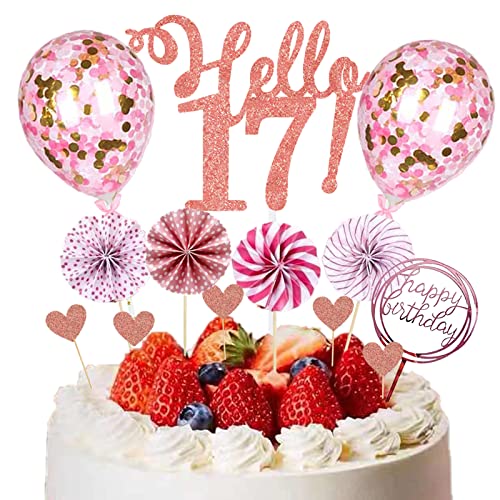 HCRXVV 17.Tortendeko Geburtstag Mädchen Rosa 17 Happy Birthday Tortendeko Cake Topper mit Papierfächer für 17th Geburtstag Party Kuchen Deko Rosa(12Stück) von HCRXVV