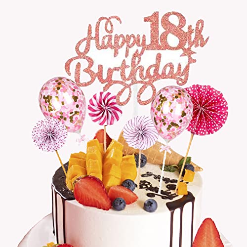 HCRXVV 18.Geburtstag Tortendeko Rosa fur Mädchen,18th Happy Birthday Glitzer Tortendeko,Konfettiballons Cake Topper und Papierfächer Kuchen Deko für Geburtstag(7Stück) von HCRXVV