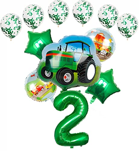 HCRXVV 2.Geburtstag Junge Traktor Balloon Set luftballon 2. geburtstag Grün Folienballon 32 Zoll Zahl 2, Folienballon Traktor Baustelle Car Themed Deko jungen 2 jahr Kindergeburtstag(12Stk) von HCRXVV