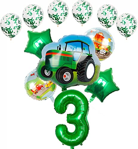 HCRXVV 3.Geburtstag Junge Traktor Balloon Set luftballon 3. geburtstag Grün Folienballon 32 Zoll Zahl 3, Folienballon Traktor Baustelle Car Themed Deko jungen 3 jahr Kindergeburtstag(12Stk) von HCRXVV