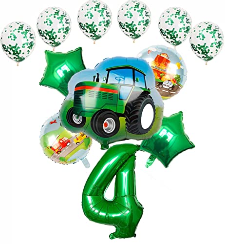 HCRXVV 4.Geburtstag Junge Traktor Balloon Set luftballon 4. geburtstag Grün Folienballon 32 Zoll Zahl 4, Folienballon Traktor Baustelle Car Themed Deko jungen 4 jahr Kindergeburtstag(12Stk) von HCRXVV