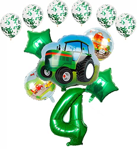 HCRXVV 4.Geburtstag Junge Traktor Balloon Set luftballon 4. geburtstag Grün Folienballon 32 Zoll Zahl 4, Folienballon Traktor Baustelle Car Themed Deko jungen 4 jahr Kindergeburtstag(12Stk) von HCRXVV