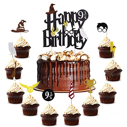 HCRXVV Magical Tortendeko Black Wizard Happy Birthday Cake Topper für Jungen,Glitter Kuchen Deko Cupcakes Deko,Alles Gute Zum Geburtstag Magier Kuchen Deko Geburtstag Party von HCRXVV