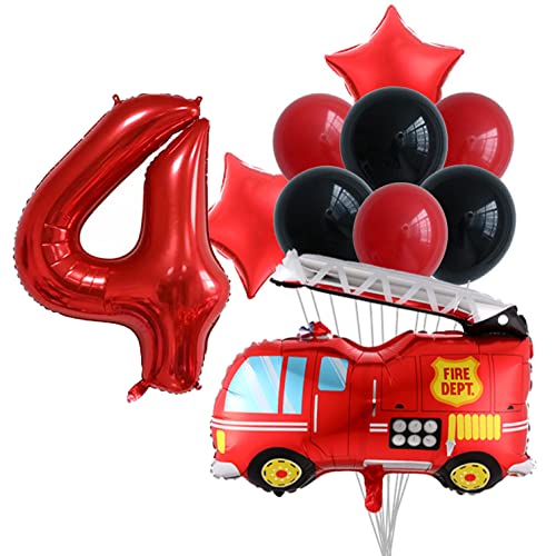HCRXVV Feuerwehrauto Luftballon 4. Geburtstag Junge Feuerwehr Folienballon Partydeko Set für 4 jahre Jungen Kindergeburtstag, Feuerwehr Geburtstagsdeko Deko 4.Geburtstag Junge (10Stk) von HCRXVV