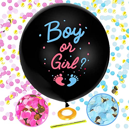 HCRXVV Gender Reveal Ballon 36 Zoll Boy or Girl Konfettikanone XXL Schwarz Mit Rosa und Blauem Konfetti für Geschlecht Verkünden Party Baby Shower Deko von HCRXVV