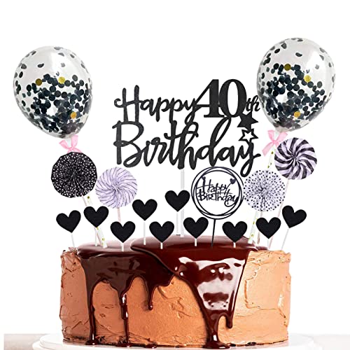 HCRXVV Happy Birthday Tortendeko 40 Geburtstag Mann Schwarz Glitzer Cake Topper Geburtstagsdeko Frauen mit Herz Kuchen Topper Papierfächer und mini Luftballons für 40. Geburtstag Party Dekoration von HCRXVV