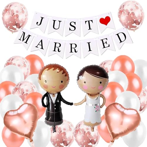 HCRXVV Hochzeitsdeko Ballons Deko Just Married Girlande,29 Stück Rosegold Hochzeit Dekoration Luftballon Brautpaar figuren Folienballon Braut Bräutigam Just Married Banner Helium Luftballon Hochzeit von HCRXVV