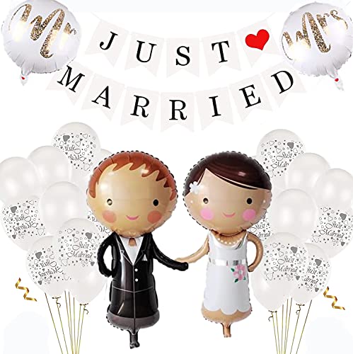 HCRXVV Just Married Deko Hochzeitsdeko 25 Stück,Brautpaar Figuren Folienballon Just Married Banner Mr und Mrs Hochzeitsfiguren Heliumballons Standesamt Verlobung Hochzeitsfeier Weiß Deko von HCRXVV