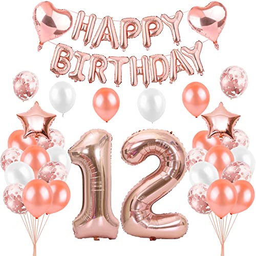 HCRXVV Rosegold 12 Geburtstag Mädchen Party Deko Set 12.Luftballons Geburtstag Teenager Mädchen Happy Birthday Girlande Geburtstagsdeko für 12 Jahre Geburtstagsluftballons von HCRXVV