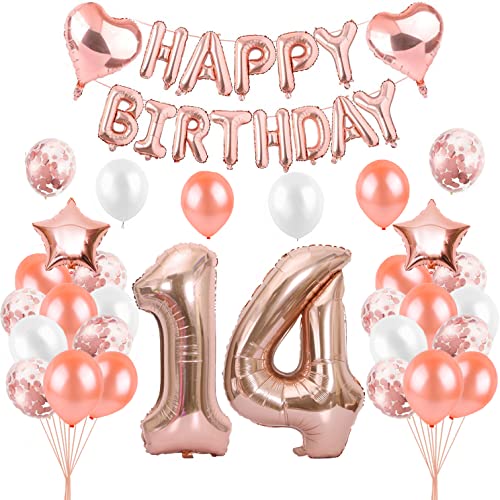 HCRXVV Rosegold 14 Geburtstag mädchen Party Deko Set 14.luftballons geburtstag teenager mädchen Happy Birthday Girlande geburtstagsdeko für 14 jahre Geburtstagsluftballons von HCRXVV
