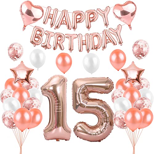 HCRXVV Rosegold 15 Geburtstag mädchen Party Deko Set 15.luftballons geburtstag teenager mädchen Happy Birthday Girlande geburtstagsdeko für 15 jahre Geburtstagsluftballons von HCRXVV