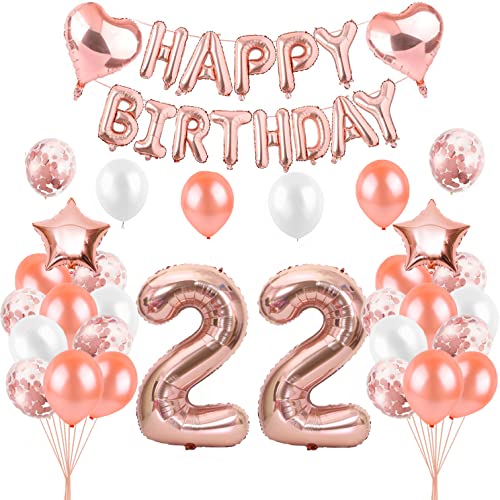 HCRXVV Rosegold 22 Geburtstag frau Party Deko Set 22.Luftballons Geburtstag Frau frauen Damen Happy Birthday Girlande Geburtstagsdeko Folienballon für 22 Jahre Geburtstag Mädchen Deko von HCRXVV