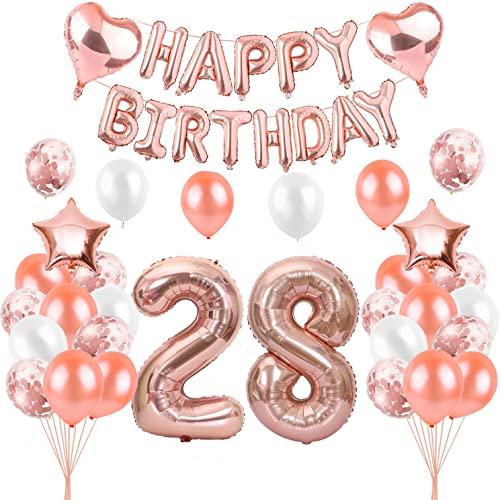 HCRXVV Rosegold 28 Geburtstag Mädchen Frauen Party Deko Set 28.Luftballons Geburtstag Mädchen Frau Happy Birthday Girlande Geburtstagsdeko für 28 Geburtstagsluftballons von HCRXVV