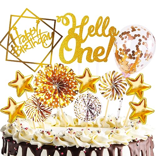 Tortendeko Geburtstag, Happy Birthday Jahre Kuchendeko Junge mädchen,Cake Topper, Cupcake Topper mit Sternen Konfetti-Luftballons und Papierfächer für Geburtstag (1, Gold) von HCSSZ