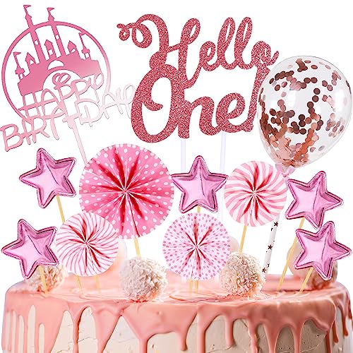 Tortendeko Geburtstag, Happy Birthday 1 jahre Kuchendeko junge mädchen Kinder,1 Cake Topper, Cupcake Topper mit Sternen Konfetti-Luftballons und Papierfächer für 1 Geburtstag (1, Roségold) von HCSSZ