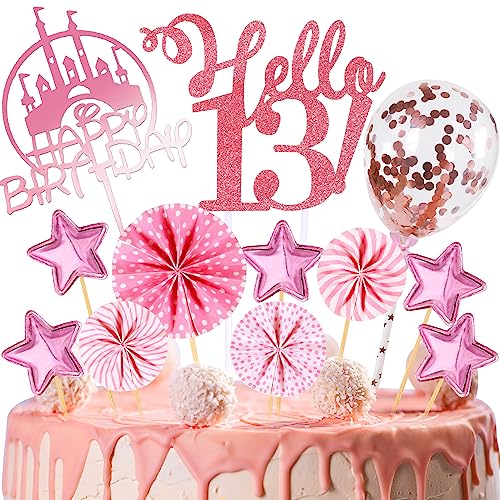 Tortendeko Geburtstag, Happy Birthday 13 jahre Kuchendeko junge mädchen, 13. Cake Topper, Cupcake Topper mit Sternen Konfetti-Luftballons und Papierfächer für 13 Geburtstag von HCSSZ