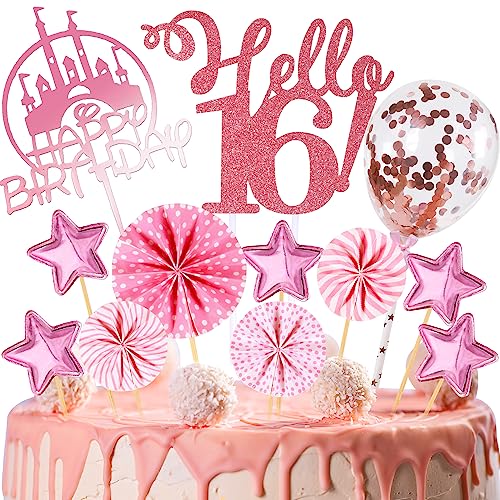 Tortendeko Geburtstag, Happy Birthday 16 Jahre Kuchendeko Junge mädchen, 16. Cake Topper, Cupcake Topper mit Sternen Konfetti-Luftballons und Papierfächer für 16 Geburtstag von HCSSZ