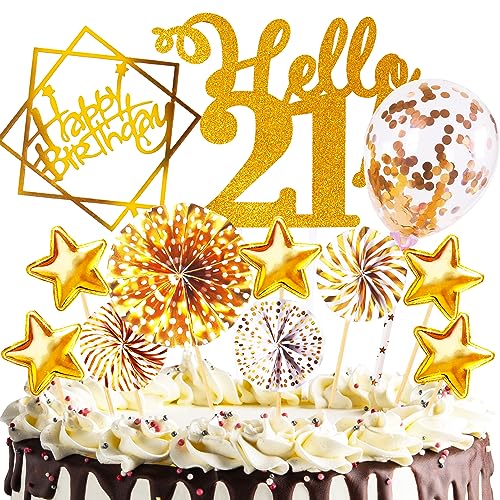 Tortendeko Geburtstag,Happy Birthday 21 jahre Kuchendeko Frauen Männer,21.Cake Topper,Cupcake Topper mit Sternen Konfetti-Luftballons und Papierfächer für 21 Geburtstag von HCSSZ