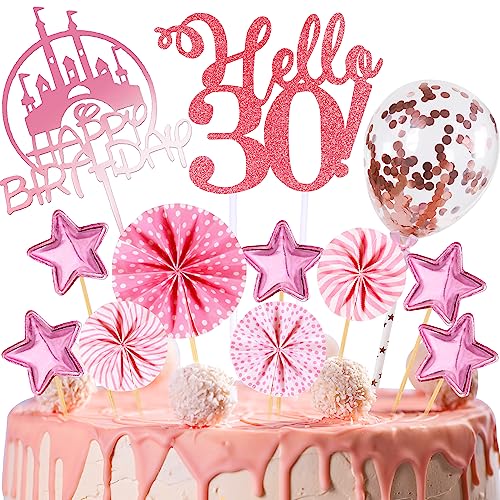 Tortendeko Geburtstag,Happy Birthday 30 jahre Kuchendeko Frauen,30.Cake Topper,Cupcake Topper mit Sternen Konfetti-Luftballons und Papierfächer für 30 Geburtstag von HCSSZ